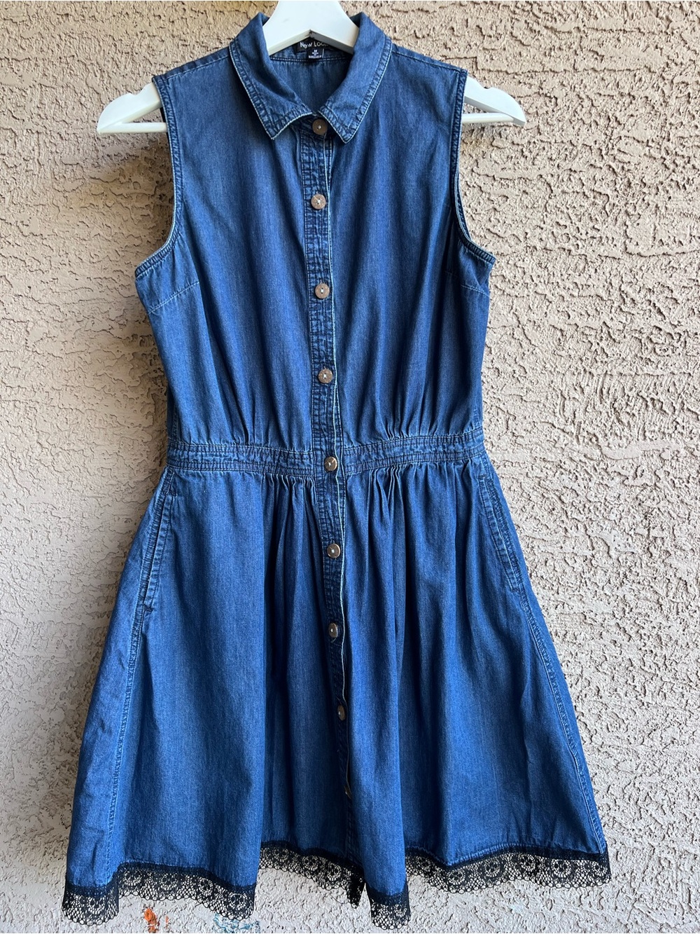 New Look Denim Sleeveless Shirt Dress with Black Lace Hem Trim